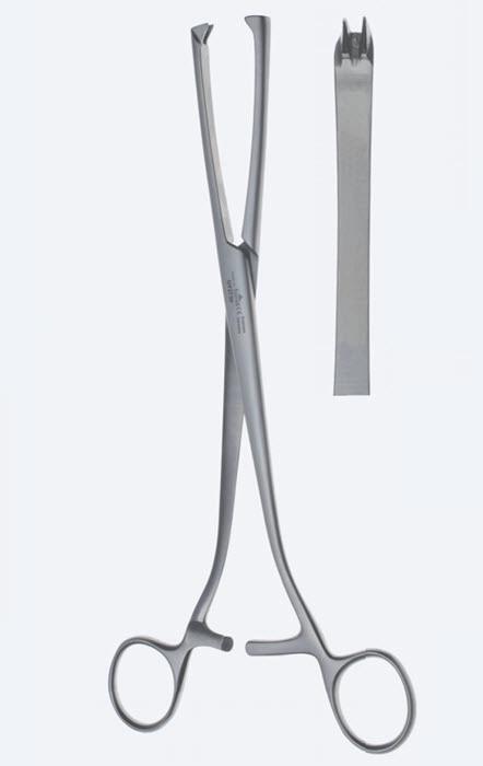 Зажими, хірургічні, для матки, "Museux", прямі, зубці 2 х 2, ширина щелепи 8 мм, загальна довжина 240 мм, 9 1/2". Бренд - Asanus Medizintechnik Gmb, Німеччина